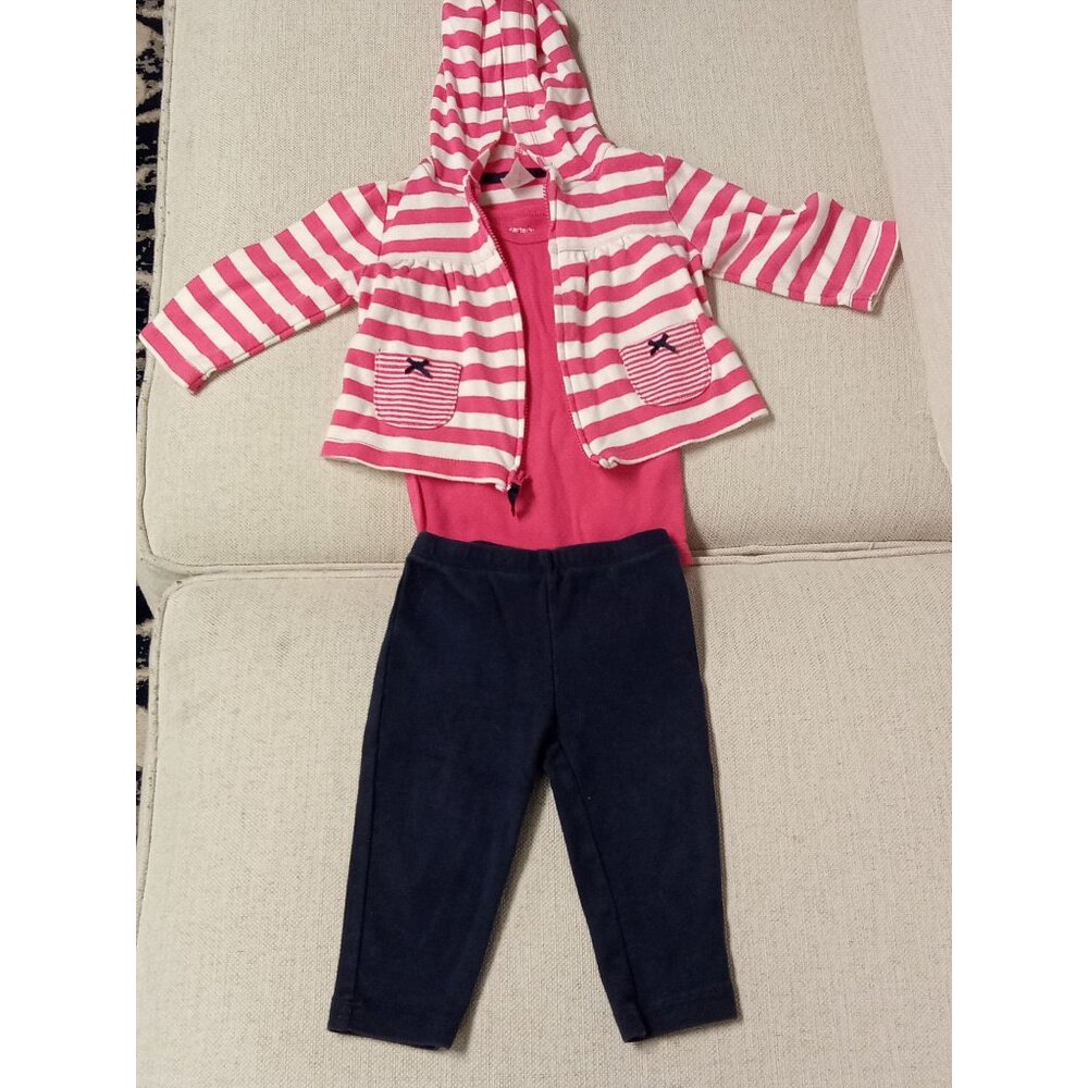 Carter 3pc Outfit Pink Striped Hoodie Onesie & Blue Leggings Sz. 9 Months